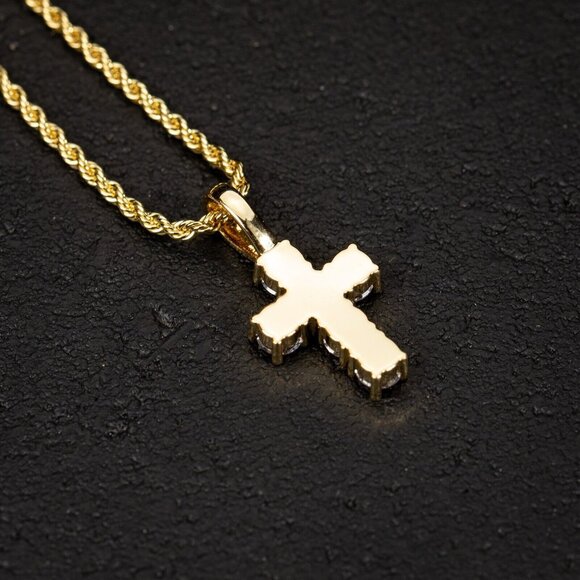 Mini Micro Elegant Yellow Gold Plated Iced Pointer Cross Pendant Necklace - Picture 5 of 6